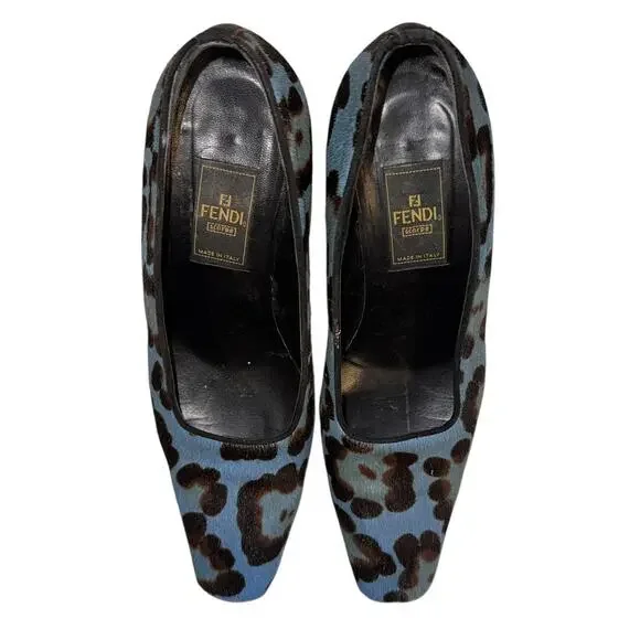 Rare Vintage Fendi Blue Leopard Calf Hair Heels Pumps Size 36 Italy - Picture 2 of 14